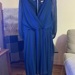 DKNY Blue V neck Women's Dress with sheer sleeves.